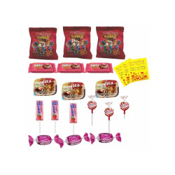 Kit montar sacolinhas surpresa, com doces, balas, pirulitos, pipocas e tag